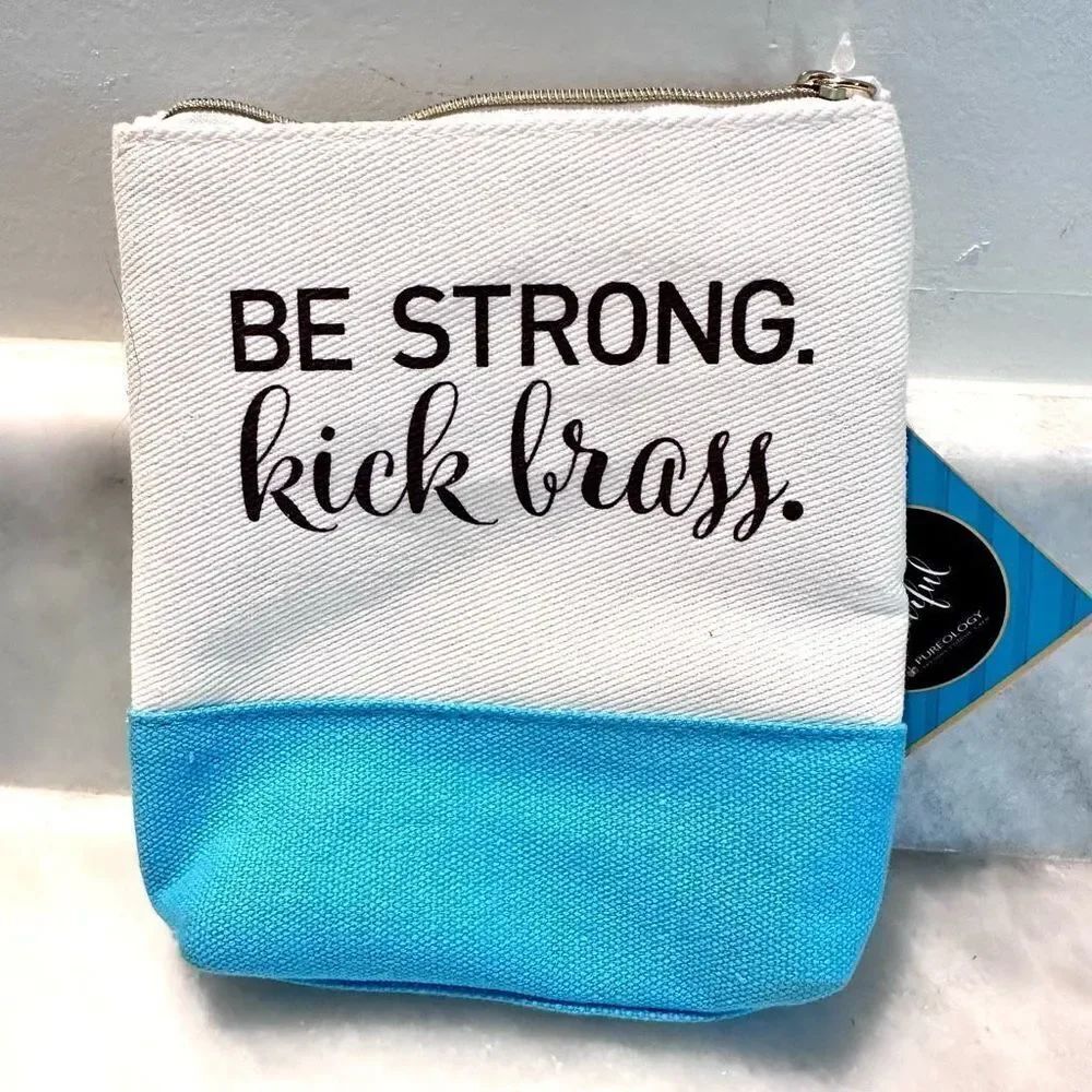 NWT Pureology Be Strong Kick Brass Colorblock Canvas Makeup Bag White Blue Small